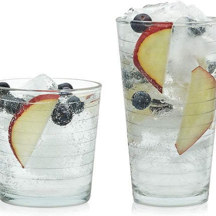 Libbey Hoops Tumbler and Rock Glass Set, Two Sized Nostalgic Retro Glass Cups Set, Dishwasher Safe Glasses Drinking Set of 16 for Any Occasion