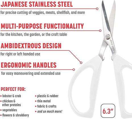 Joyce Chen Original Unlimited Kitchen Scissors All Purpose Kitchen Shears With Comfortable Handles, White 2.0