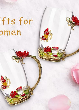 OEAGO Gifts for Women Mom Mothers Tea Cup Best Birthday Butterfly Rose Gifts for Her from Daughter Son Glass Coffee Christmas Enamels Mug Lead-Free with Spoon Set