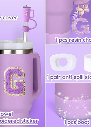 Mity rain 6PCS Cup Accessories Set for Stanley Cup 30oz 40oz tumbler with handle, Including Silicone Straw Topper Cover Cap and Boot, Spill Proof Stopper, Handle Charm, Initials Sticker (Letter G)