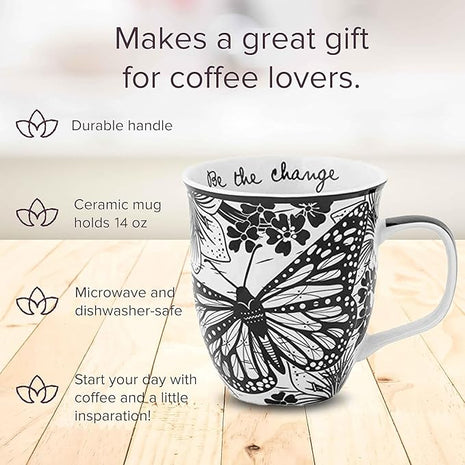 Karma Gifts 16 oz Black and White Boho Mug Butterfly - Cute Coffee and Tea Mug - Ceramic Coffee Mugs for Women and Men