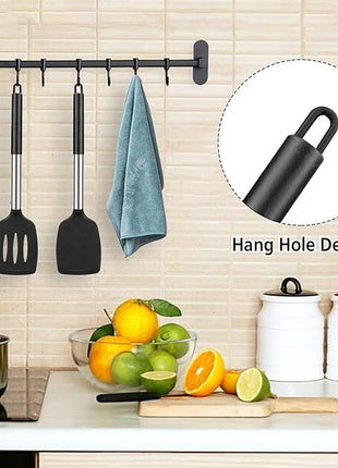 2 Pack Silicone Spatulas Turners, Stainless Steel Cooking Utensils BPA Free,Heat Resistant,Non Stick,Rubber Spatulas for Fish, Eggs, Pancakes, WOK, Black