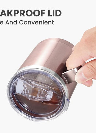MEWAY 12oz Coffee Mug With Handle 2 Pack Bulk,Stainless Steel Insulated Travel Tumblers With Sliding Lid,Double Wall Vacuum Camping Cup for Hot & Cold Drinks Tea (Rose Gold,Set of 2)