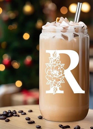 Coolife Initial Glass Cup, Monogrammed Gifts for Women, 16 oz Glass Cups w/Lids Straws, Iced Coffee Smoothie Beer Tumbler w/Straw Lid - Personalized Christmas, Birthday Gifts for Her Mom Friend Woman