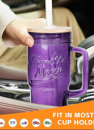 ANOTION Glass Cups with Handle, 24oz Glass Cups with Lids and Straws Travel Coffee Mug Bamboo Mason Jar Iced Cup Smoothie Tea Clear Cute Water Drinking Jars Glasses, Purple