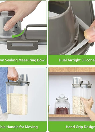Rice Airtight Storage Container, 3 to 5Lbs Cereal Dry Food Flour Bin, Pet Dog Cat Food Dispenser with Measuring Cup, BPA Free Clear Plastic Kitchen and Pantry Organization Bin for Sugar