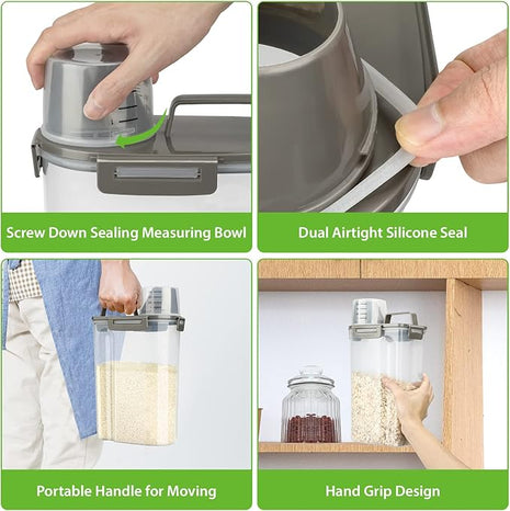 Rice Airtight Storage Container, 3 to 5Lbs Cereal Dry Food Flour Bin, Pet Dog Cat Food Dispenser with Measuring Cup, BPA Free Clear Plastic Kitchen and Pantry Organization Bin for Sugar