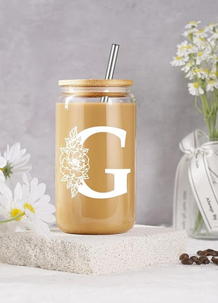 Coolife Initial Glass Cup, Monogrammed Gifts for Women, 16 oz Glass Cups w/Lids Straws, Iced Coffee Smoothie Beer Tumbler w/Straw Lid - Personalized Christmas, Birthday Gifts for Her Mom Friend Woman