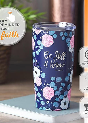 Christian Art Gifts Stainless Steel Double-Wall Vacuum Insulated Travel Mug 18 oz Navy Blue with Pink Floral Tumbler with Lid for Women with Inspirational Bible Verse - Be Still & Know -Psalm 46:10