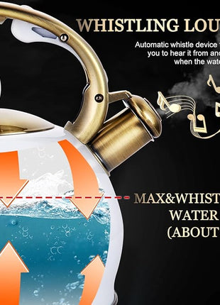 SUSTEAS Stove Top Whistling Tea Kettle - Food Grade Stainless Steel Teakettle Teapot with Cool Touch Ergonomic Handle, With 1 Silicone Pinch Mitt Included, 2.64 Quart(WHITE)