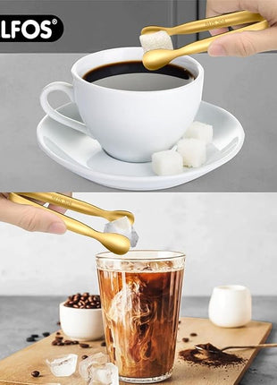 Walfos Small Gold Tongs For Serving,Food Grade Stainless Steel 4" Mini Tongs Appetizers for Parties Catering, Sugar，Desserts，Tea Party, Coffee Bar, Set of 12 （Gold）