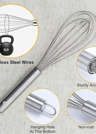 HOTEC 4 Pieces Stainless Steel Whisks Set Wire Whisk Balloon Whisk Egg Beater Kitchen Utensils for Stirring, Beating, Blending