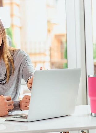 Toopify 30 oz Stainless Steel Insulated Tumbler Travel Mug with Straw Slider Lid, Cleaning Brush, Double Wall Vacuum (Hot Pink)