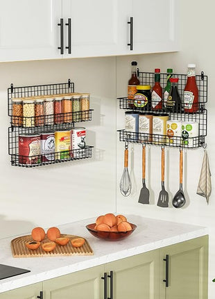 X-cosrack Upgraded Spice Rack Organizer - Wall Mounted Large 4-Tier Stackable Spice Storage with 5 Hooks, Holds 80 Jars, for Kitchen Pantry Organization (Patent:D909138S)