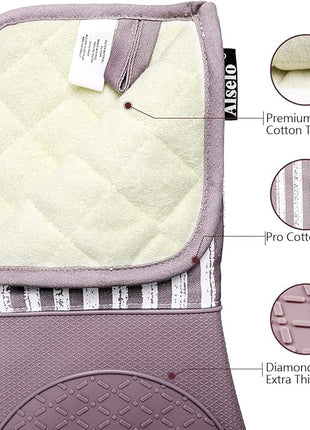 Silicone Oven Mitts Heat Resistant 932℉ with Waterproof & Non-Slip Kitchen Mittens, Set of 2 Extra Long Oven Gloves with Soft Cotton Terry Lining for Baking Cooking Barbecue(2, Purple Mitts)