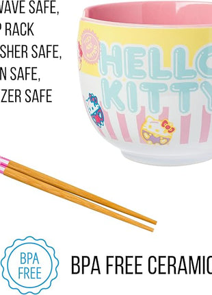 Silver Buffalo Sanrio Hello Kitty Pastel Colored Ceramic Ramen Noodle Rice Bowl with Chopsticks, Microwave Safe, 20 Ounces
