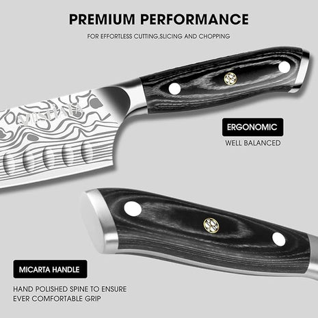 MOSFiATA Santoku Knife- 7 Inch Vegetable Knife Ultra Sharp Chopping Knife- Forged EN.4116 German Steel- Including Sheath,Finger Guard,Knife Sharpener,Full Tang,Best Gifts with Handmade Gift Box
