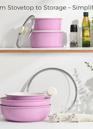 15Pcs Pots and Pans Set Non Stick, Cookware Sets with Detachable Handle, Nonstick RV Kitchen Cooking Tools Removable Handles, Oven Safe, Induction Fast, Stackable Induction Cookware, Pink