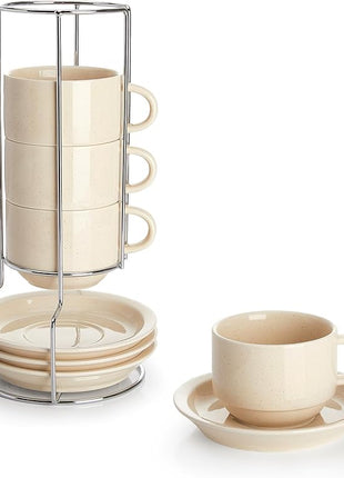 Sweese 8oz Porcelain Cappuccino Cups Set with Saucers, Metal Stand - Stackable, Durable for Coffee, Latte, Tea - Beige, 4 Pack