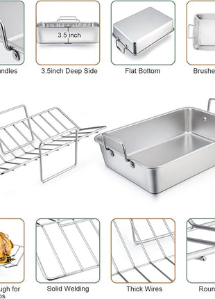 TeamFar Roasting Pan with Rack, 14 Inch Stainless Steel Turkey Roaster Lasagna Pan with V-Shaped Rack & Cooling Rack, Healthy & Sturdy, Brushed Surface & Dishwasher Safe, Rectangular - Set of 3
