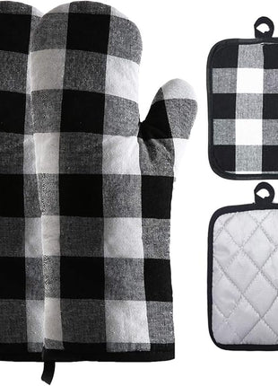 Oven Mitts and Potholders BBQ Gloves-Oven Mitts and Pot Holders with Recycled Infill Silicone Non-Slip Cooking Gloves for Cooking Baking Grilling (4-Piece Set) (Black/White)