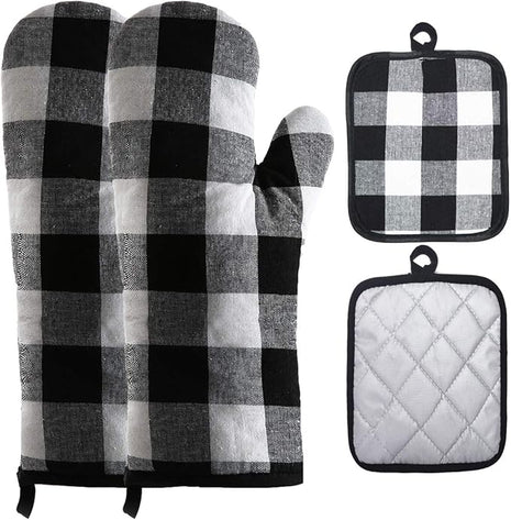 Oven Mitts and Potholders BBQ Gloves-Oven Mitts and Pot Holders with Recycled Infill Silicone Non-Slip Cooking Gloves for Cooking Baking Grilling (4-Piece Set) (Black/White)