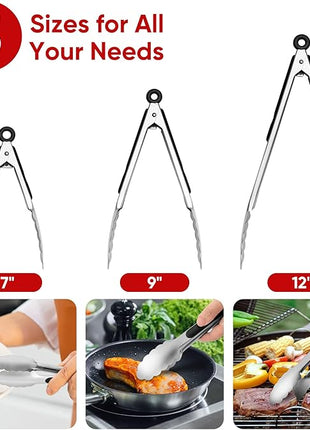 Stainless Steel Tongs Set, Food Grade Stainless Steel Kitchen Tongs, Heat Resistant 600 Degrees, for Cooking, BBQ Barbecue, Grilling, Buffet, Serving (7"+9"+12")