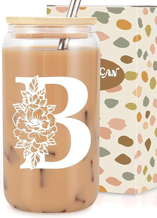 Coolife Initial Glass Cup, Monogrammed Gifts for Women, 16 oz Glass Cups w/Lids Straws, Iced Coffee Smoothie Beer Tumbler w/Straw Lid - Personalized Christmas, Birthday Gifts for Her Mom Friend Woman