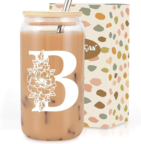 Coolife Initial Glass Cup, Monogrammed Gifts for Women, 16 oz Glass Cups w/Lids Straws, Iced Coffee Smoothie Beer Tumbler w/Straw Lid - Personalized Christmas, Birthday Gifts for Her Mom Friend Woman