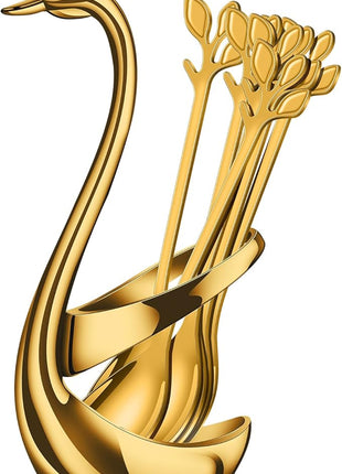 AnSaw Gold Small Coffee Spoon Holder Set,Swan Base With 10 Pcs Demitasse Espresso Spoons Set,4.7" Mini Leaf Dessert Spoon,Stainless Steel Tea Spoons