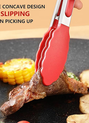 NileHome 4 Pack Silicone Spatula and Grilling Tongs Kitchen Utensils with Silicone Brush Heat Resistant BPA-free Rubber Spatula for Scraping, Baking, Cooking, Mixing-Red