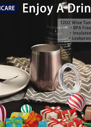 DOMICARE Stainless Steel Wine Tumbler Bulk with Lid, Personalized Rose Gold Insulated Tumblers Set, 12oz Travel Coffee Cups Pack of 1