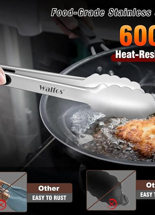 Walfos Kitchen Small Tongs - 7 inch Heavy Duty Mini Food Tongs, Stainless Steel and Non-Slip Heat Resistant Handle - Great for Cooking, Salad, Grilling and Barbecue，3 Piece