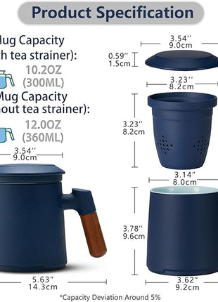 ZENS Tea Cup with Infuser and Lid for Loose Leaf Tea Steeper, 12oz Blue Ceramic Tea Mug with Fine Strainers, Wood Handle, Tea Lovers Gifts