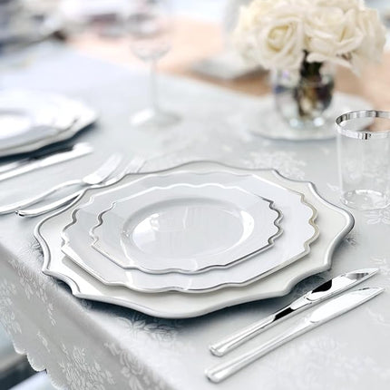 " OCCASIONS " 80 Plates Pack,(40 Guests) Heavyweight Wedding Party Disposable Plastic Plates Set -40 x 10.5'' Dinner + 40 x 8'' Salad/Dessert Plate (Imperial in White & Silver Rim)