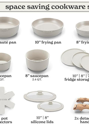 Country Kitchen Cookware Set with Removable Handle, Oven & RV Safe Pots and Pans Set, Cream Gold Speckle Wood Handle, Original