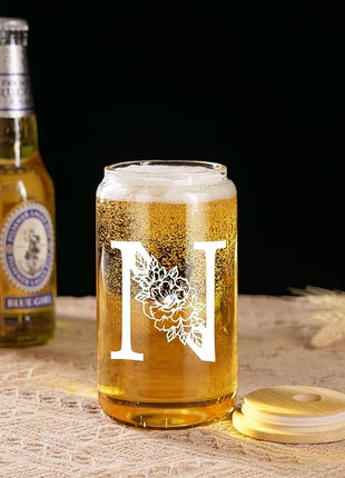 Coolife Initial Glass Cup, Monogrammed Gifts for Women, 16 oz Glass Cups w/Lids Straws, Iced Coffee Smoothie Beer Tumbler w/Straw Lid - Personalized Christmas, Birthday Gifts for Her Mom Friend Woman