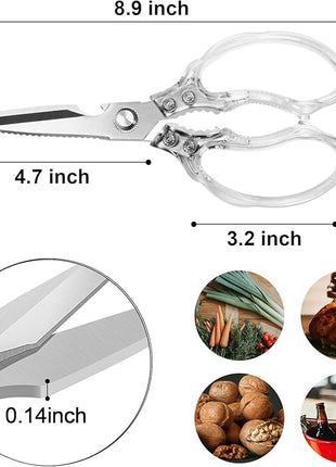 CGBE Kitchen Scissors, Multi-Purpose Kitchen Shears, Heavy Duty Dishwasher Safe Food Scissors for Chicken, Poultry, Fish, Meat & Herbs with Non-Slip Grips (Transparent)