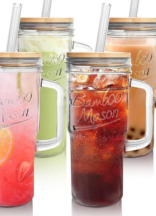 ANOTION Glass Cups with Lids and Straws - 24 oz Tumbler with Handle Christmas Coffee Cups Glass Straws Mason Jar Cups Drinking Set Kitchen Essentials Coffee Bar House Warming Gifts New Home