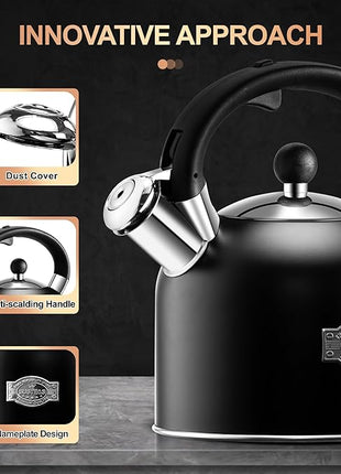 SUSTEAS Tea Kettle - 3.17QT Whistling Kettle with Ergonomic Handle - Premium Stainless Steel Tea Pots for Stove Top, Chic Vintage Teapot with Composite Base, Work for All Stovetops (Black)