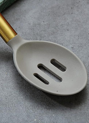 Berglander Non-stick Silicone Slotted Spoon, Titanium Gold Plated Handle, Basting Spoon, Dishwasher Safe, Easy to Clean