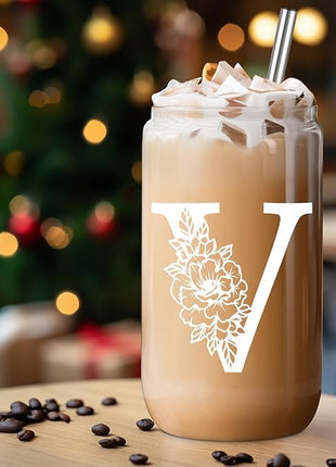 Coolife Initial Glass Cup, Monogrammed Gifts for Women, 16 oz Glass Cups w/Lids Straws, Iced Coffee Smoothie Beer Tumbler w/Straw Lid - Personalized Christmas, Birthday Gifts for Her Mom Friend Woman