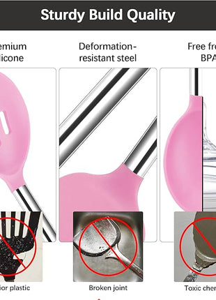 Silicone Spatula Spoon Set, 4 PCS Silicone Cooking Utensils Spatula Spoon Set with Stainless Steel Handle, BPA Free Kitchen Turners for Frying, Mixing, Serving, Draining, Turning, Stirring, Pink