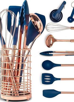 Copper and Blue Silicone Cooking Utensils Set - 17-Piece Set with Copper Utensil Holder and Measuring Cups and Spoons for Stylish Cooking and Baking - Blue Kitchen Decor, Unique Kitchen Gifts