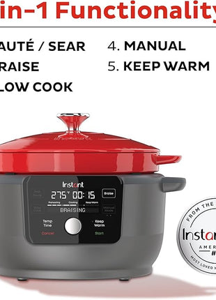 Instant Pot Electric Round Dutch Oven,6-Quart 1500W,From the Makers of Instant Pot,5-in-1: Braise,Slow Cook,Sear/Sauté,Food Warmer,Cooking Pan,Enameled Cast Iron,Included Recipe Book,Red