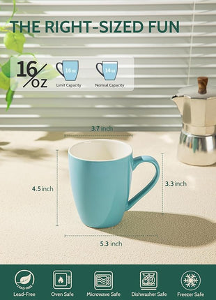 Sweese Porcelain Coffee Mugs - 16 Ounce (Top to the Rim) for Coffee, Latte, Tea, Cocoa, Set of 4, Turquoise