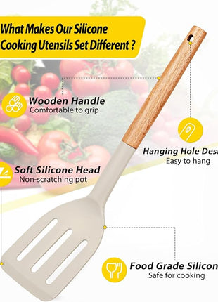 Pack of 4 Silicone Cooking Utensils Set, Non Stick Solid Spatulas and Heat Resistant Slotted Spoons with Wooden Handle, Ideal Wood Kitchen Utensils Set for Frying,Serving,Turning,Stirring (KHAKI)