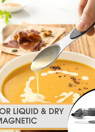 Spring Chef Stainless Steel Magnetic Measuring Spoons Set of 8 with Leveler, Dual Sided Metal Teaspoon & Tablespoon Measuring Spoons - Kitchen Gadgets For Baking and Cooking, Gray