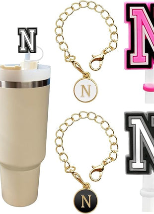 （2+2）2PCS Straw Cover for Stanley Cup 30&40 Oz 10mm Straw Topper with 2PCS Stanley Cup Accessories Letter Charms Name ID Initial Letter Handle Personalized Charm For Stanley Tumbler (Letter N)