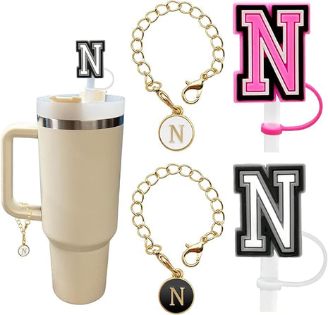 （2+2）2PCS Straw Cover for Stanley Cup 30&40 Oz 10mm Straw Topper with 2PCS Stanley Cup Accessories Letter Charms Name ID Initial Letter Handle Personalized Charm For Stanley Tumbler (Letter N)